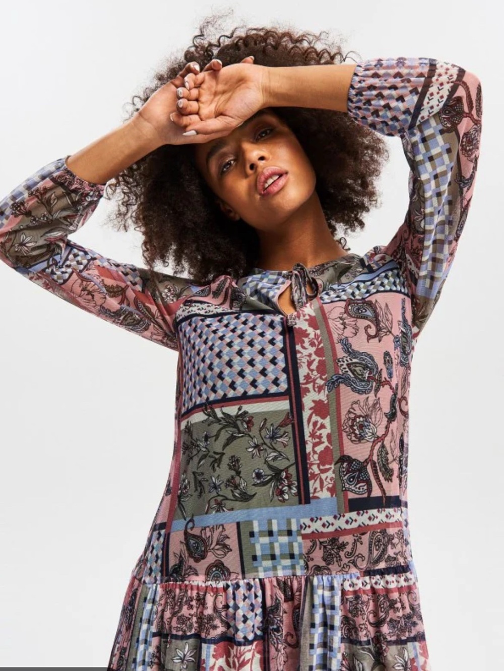 Reserved mini dress patchwork floral geometric long sleeves mesh ruffled XS